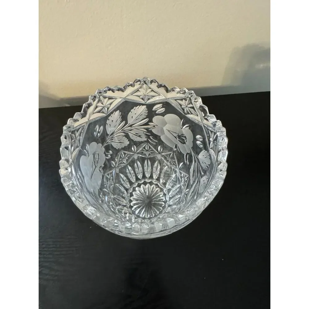 Vintage Imperlux German Lead Cut Crystal Etched Roses Footed 7